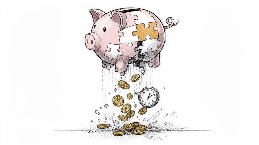 A puzzle-piece piggy bank breaking, with coins and a clock falling out, symbolizing financial loss and time.