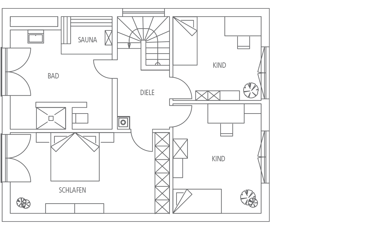 Grundriss eines Wohnbereichs mit Sauna, Bad, Diele, Schlafzimmer und zwei Kinderzimmern, stilisiert als Linienzeichnung.