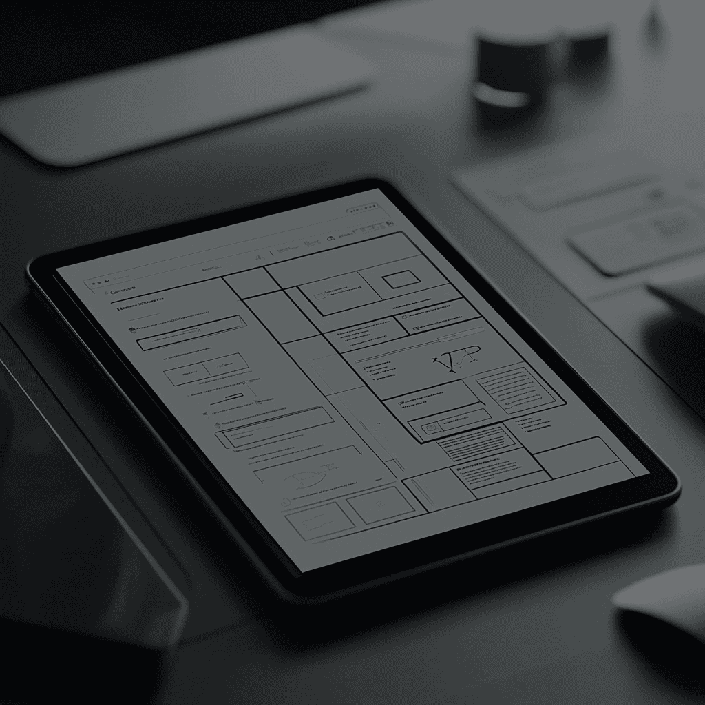 Wireframe esquissé, montrant structure et disposition UX.