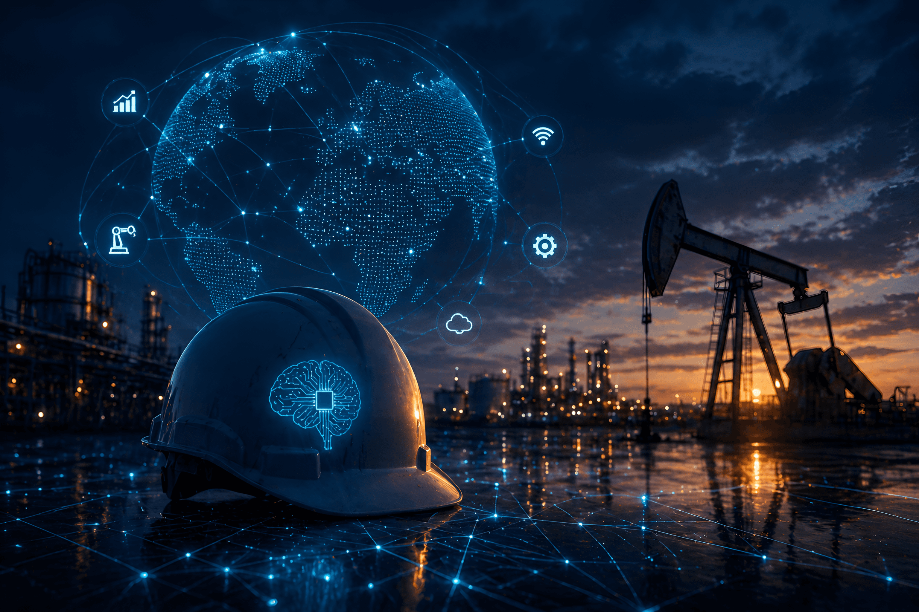 Hardhat at an oil refinery with a holographic global data network and AI connection points displayed.