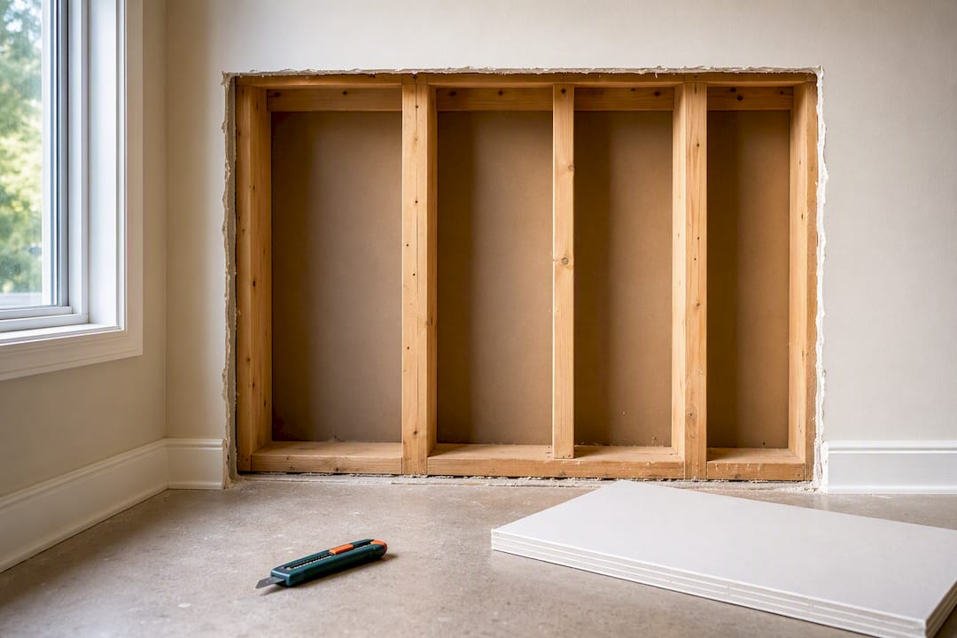 Removed drywall revealing wall studs