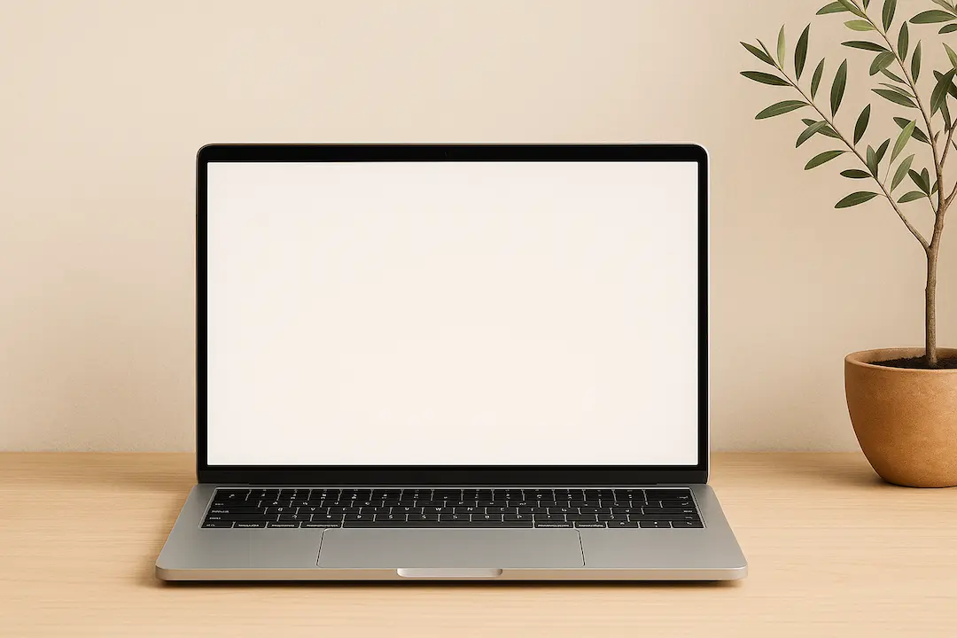 Laptop mit weissen Bildschirm auf Tisch