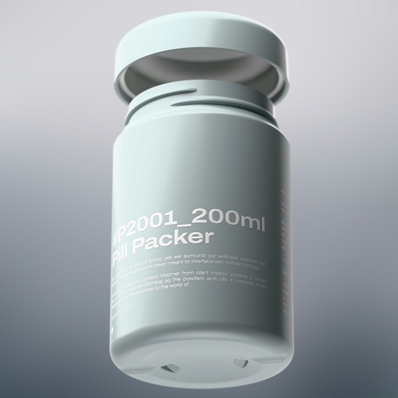 A VIVOMER supplement bottle featuring custom printed artwork. This demonstrates the material's excellent printability and compatibility with retail-ready branding techniques for the nutraceutical industry.