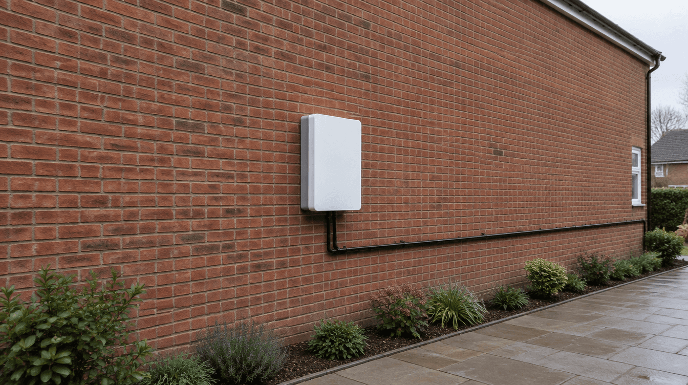A compact white battery in the middle of a long blank red brick wall, well away from windows and doors.