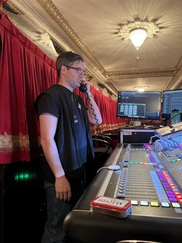 Hadestown sound console and production control position backstage