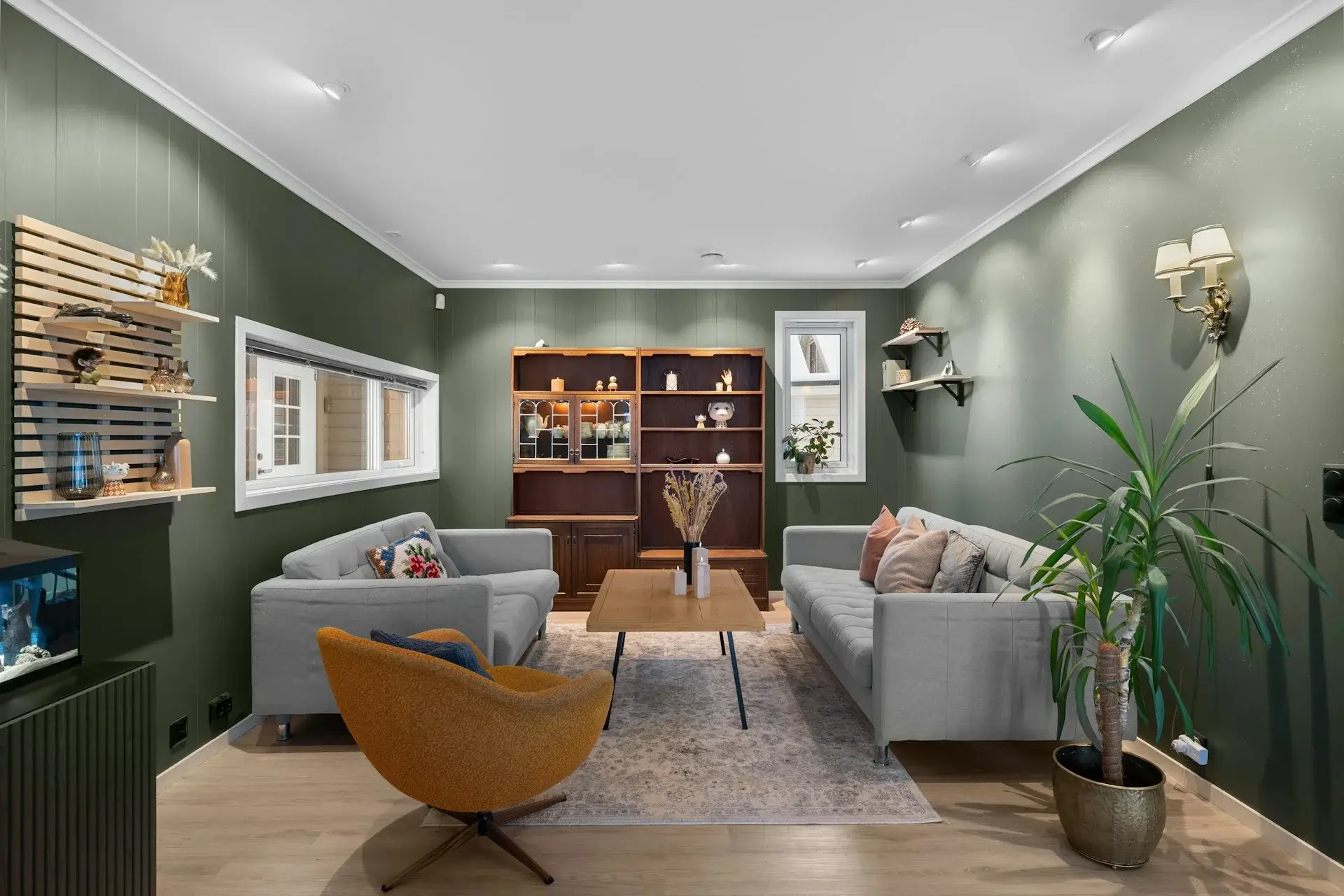 Cozy living room with green walls, sofas, wooden shelves, and plants.