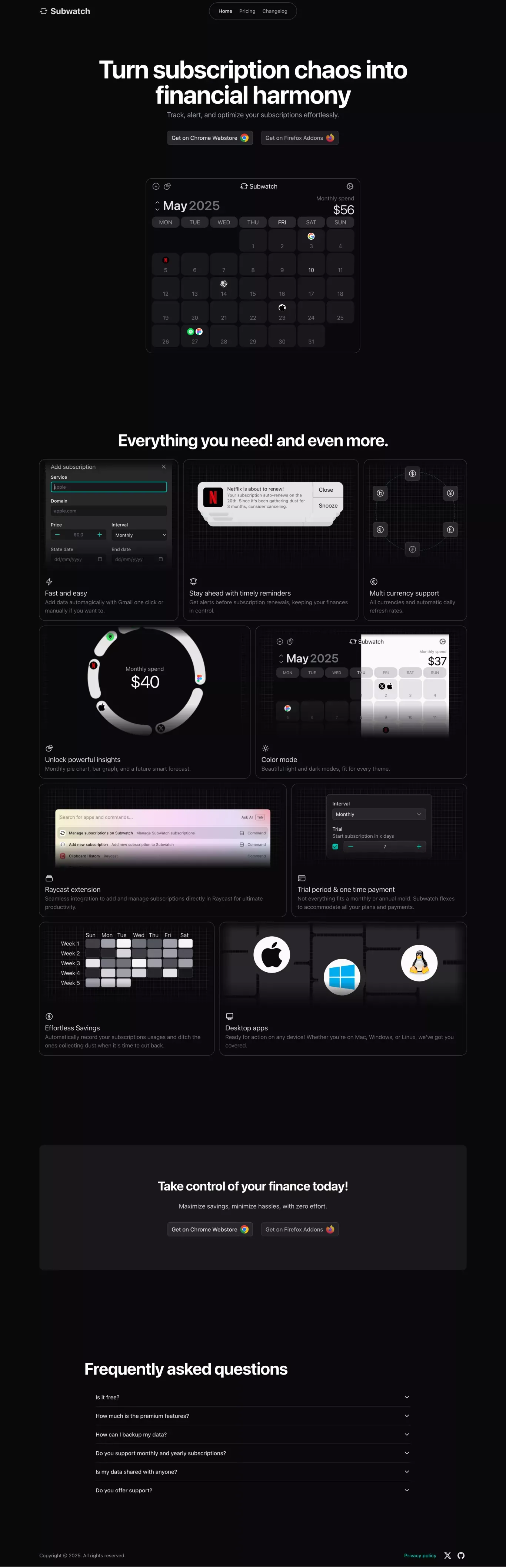 Subwatch landing page screenshot showcasing Finance and Marketing design