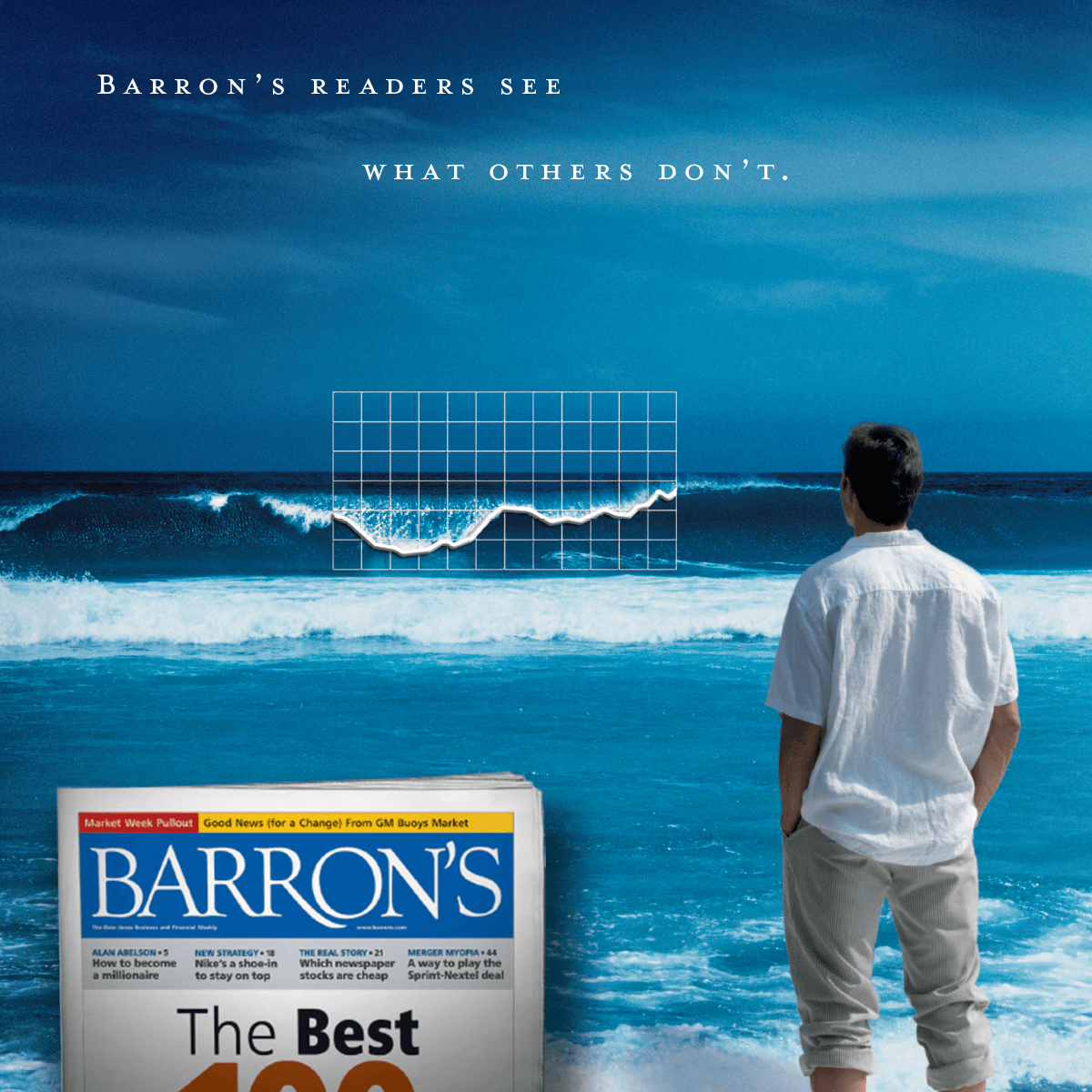 A man in a white shirt stands on the beach facing the ocean, with a stock chart graph superimposed on the waves. A Barron's magazine cover appears in the lower left corner.