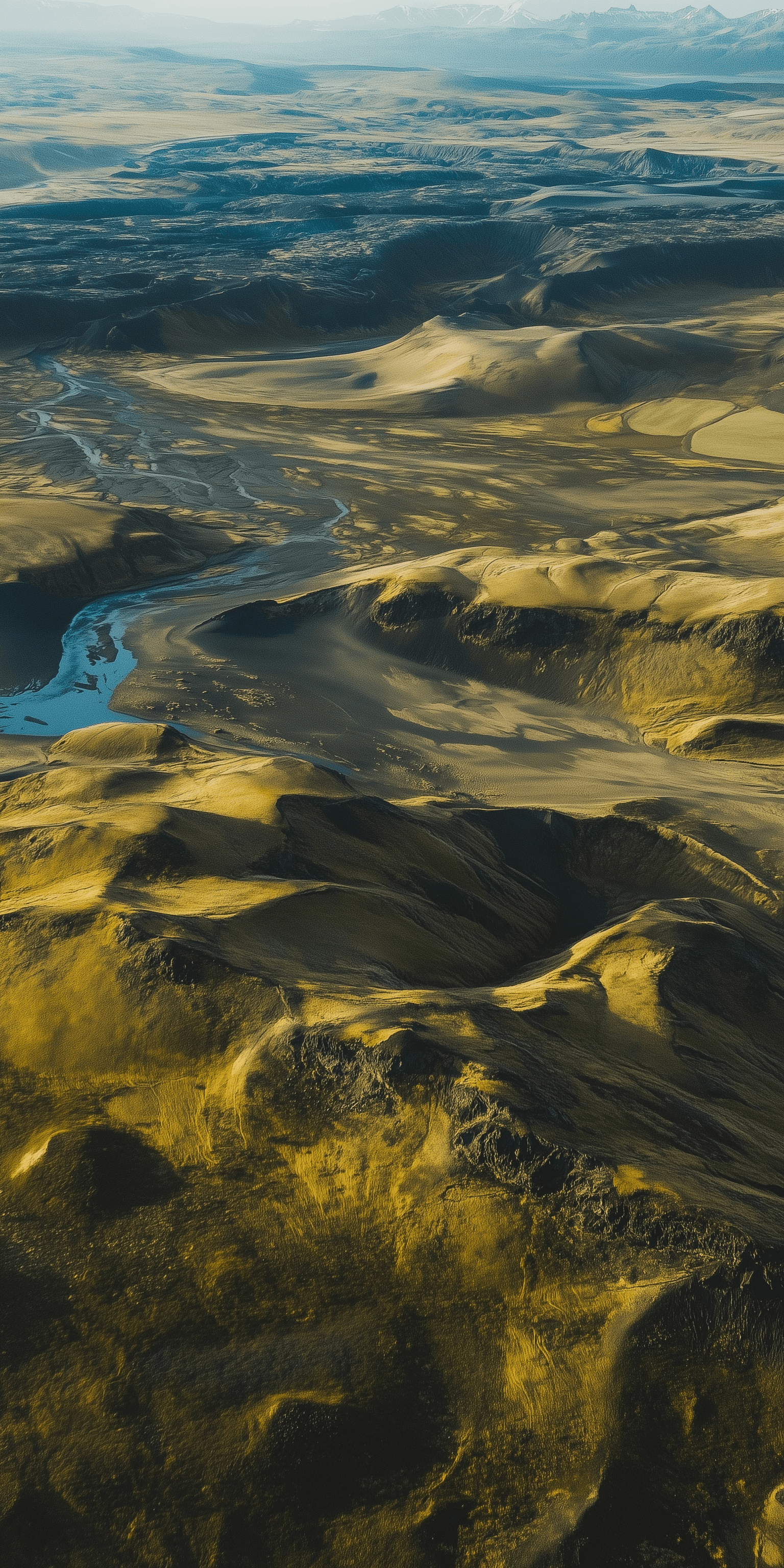  Abstract aerial view of Iceland's sand dunes, with the play between light and shadow creating a dynamic pattern in shades of blue-green and yellow.