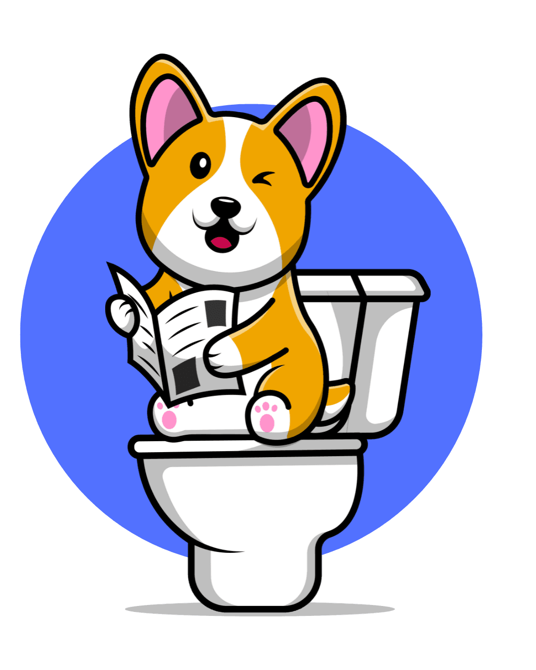 Cartoon of winking corgi on toilet with open newspaper