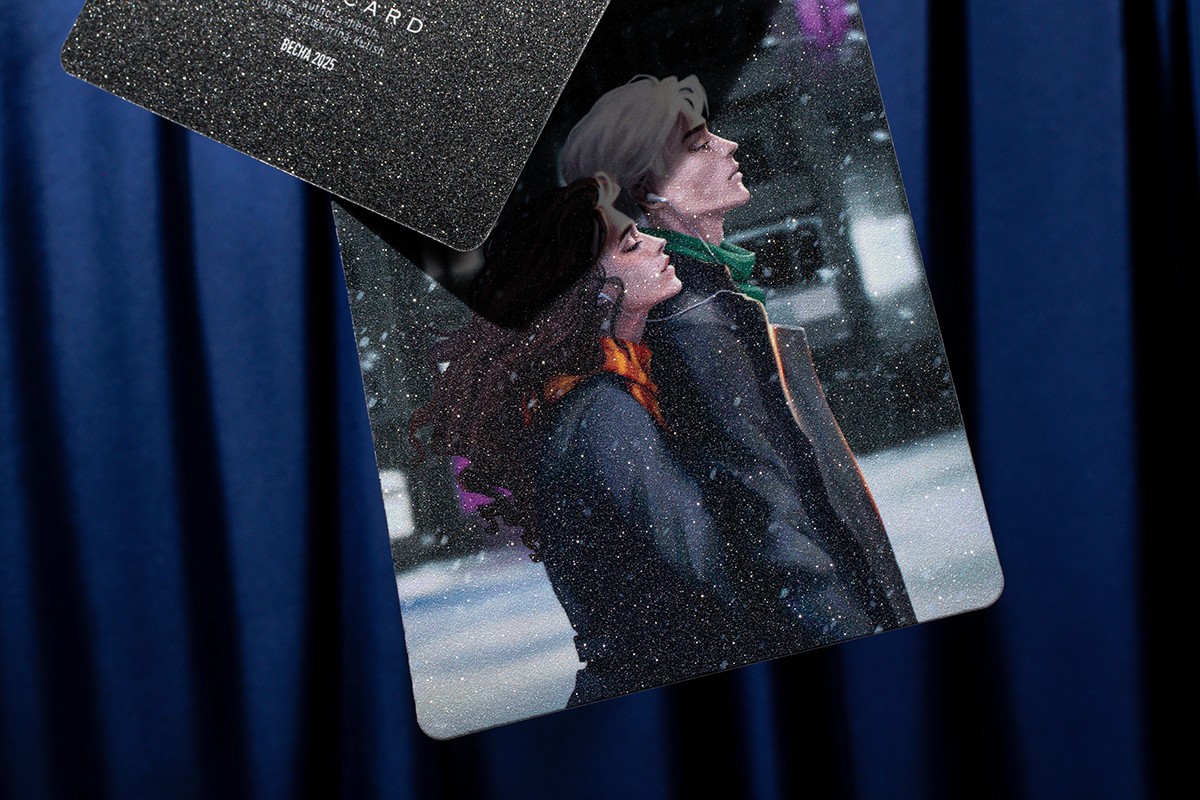 Postcards for Irina Kulish printed on coated board with raised uv varnish, sugar (glitter) lamination, digital printing, silky soft-touch lamination.