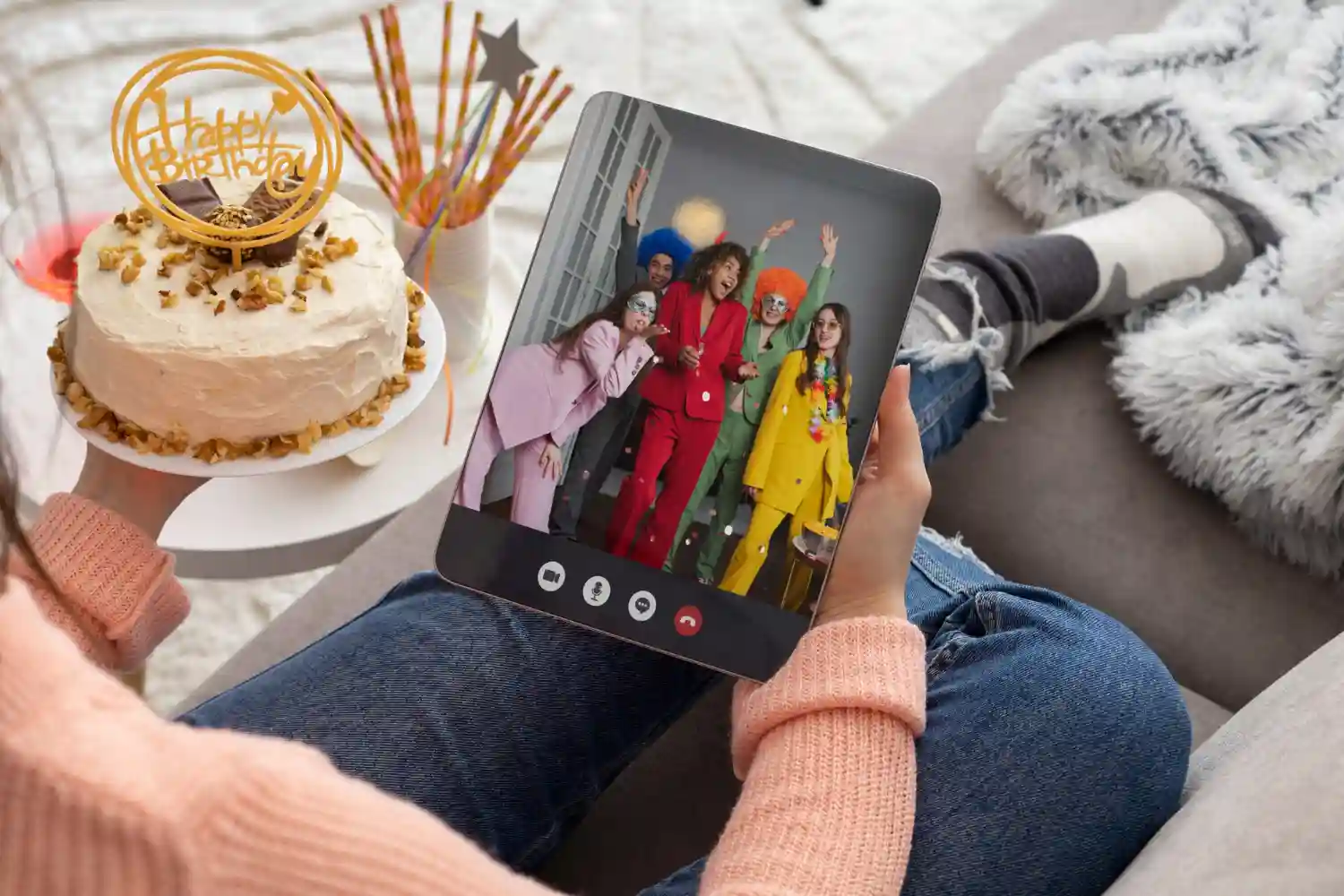 Person holding a tablet displaying a video call of five women in brightly colored suits next to a birthday cake.