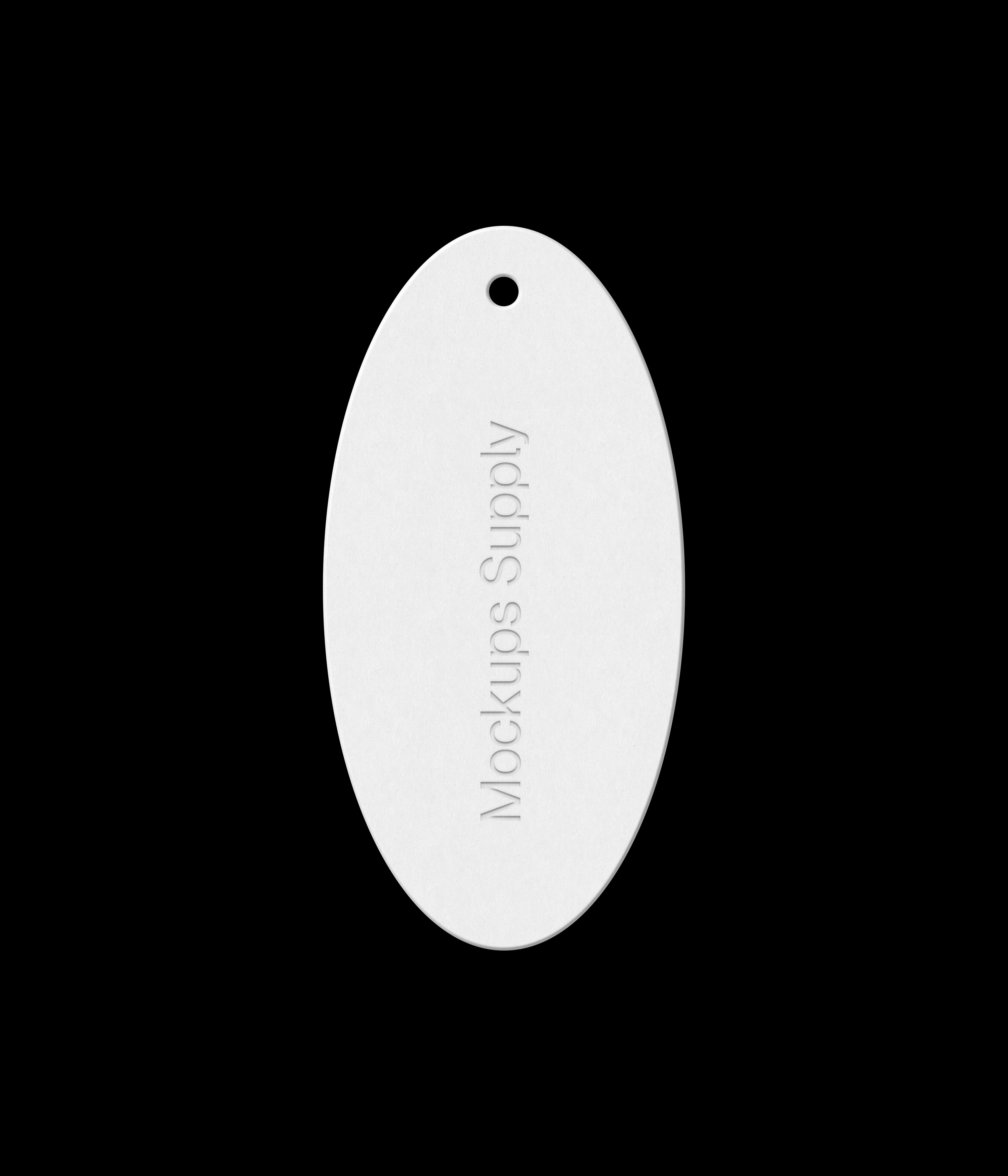 Oval white hang tag on black background with debossed text effect photoshop mockup PSD template download
