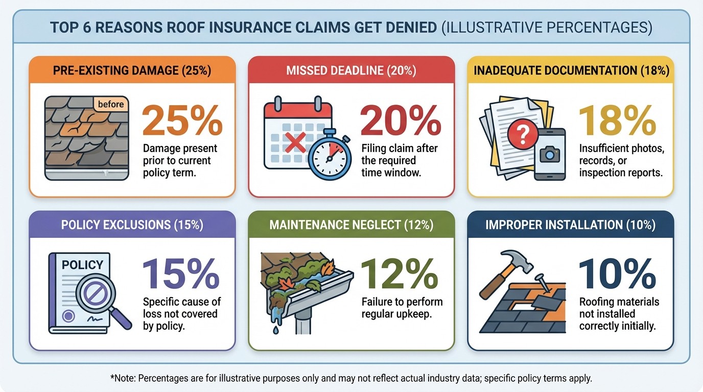 Common reasons roof insurance claims get denied infographic with statistics