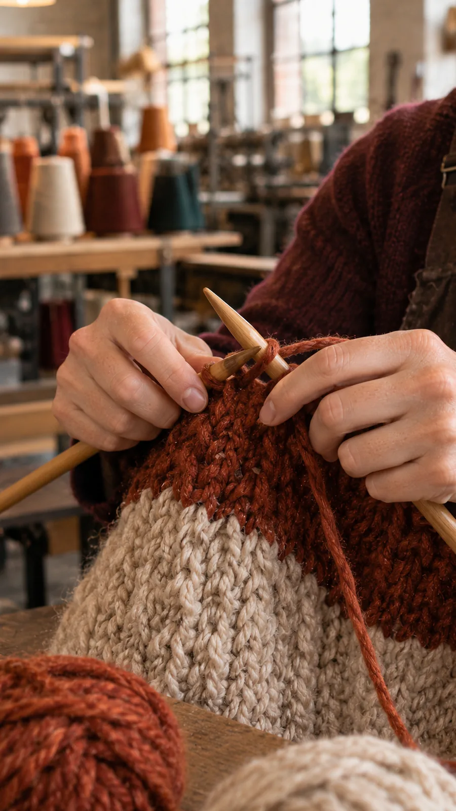 Hands knitting oatmeal and rust wool on wooden needles