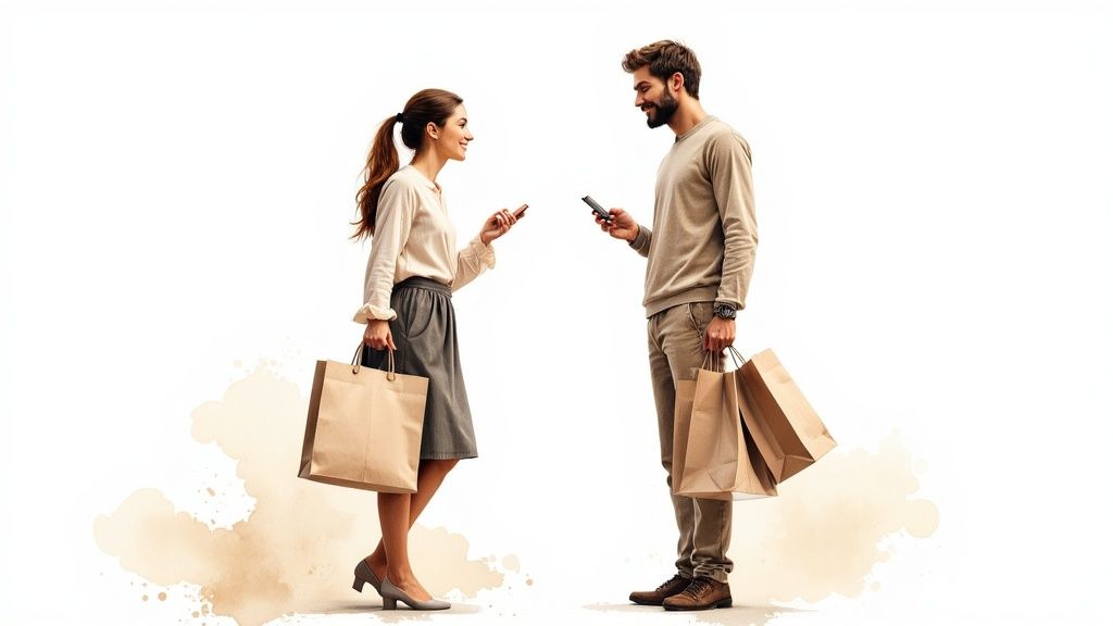 A smiling man and woman with shopping bags look at each other while using smartphones.