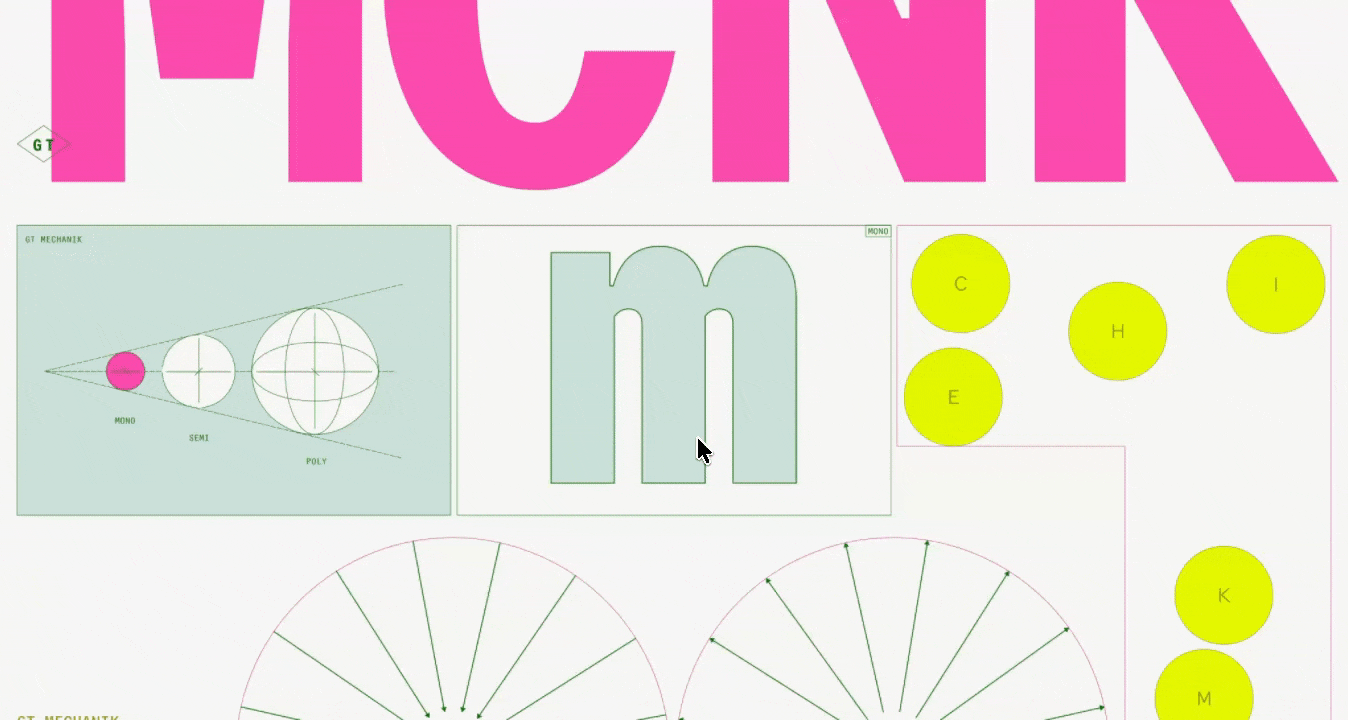 Gif mostrando um website sendo rolado. Esse website possui fundo branco, cores magenta e gráficos em verde claro e amarelo vibrante.