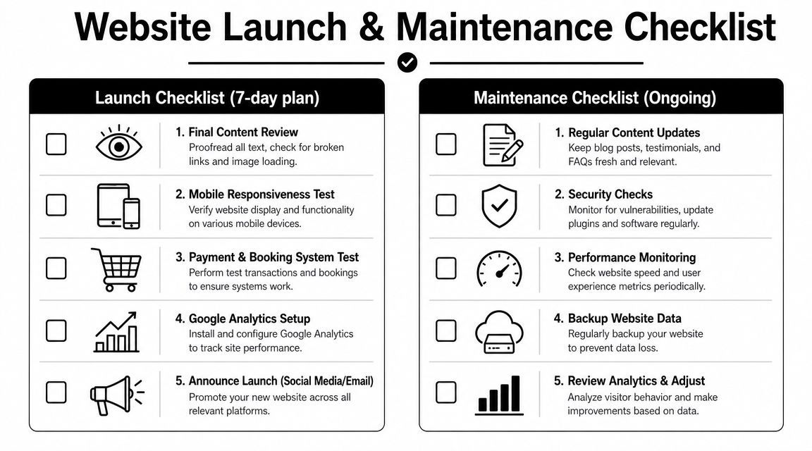 A comprehensive checklist for launching and maintaining a professional website, featuring two columns of essential tasks.