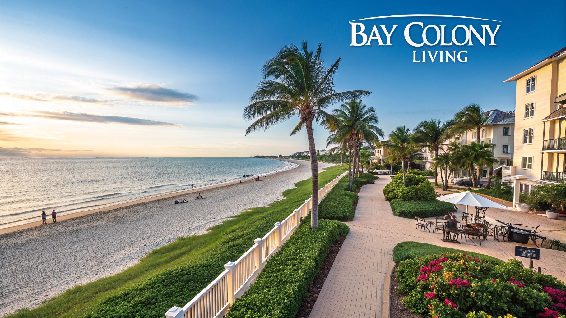 A beautiful coastal scene featuring a sandy beach, ocean, palm trees, and luxurious resort buildings.