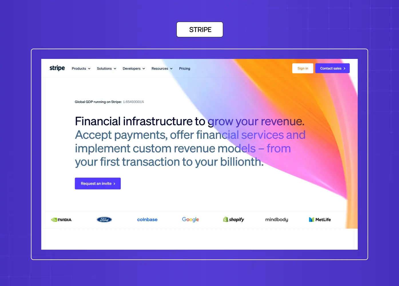 Stripe homepage showcasing financial infrastructure services with bold gradient visuals and enterprise branding.