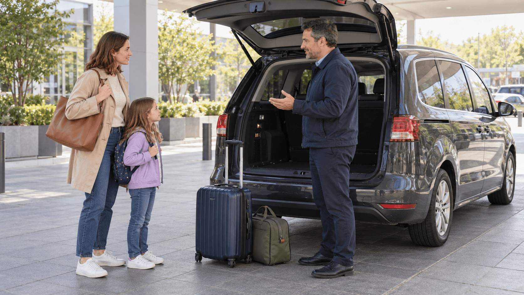 Une voyageuse et une enfant échangent avec un chauffeur près d’un monospace à l’arrêt et de leurs bagages.