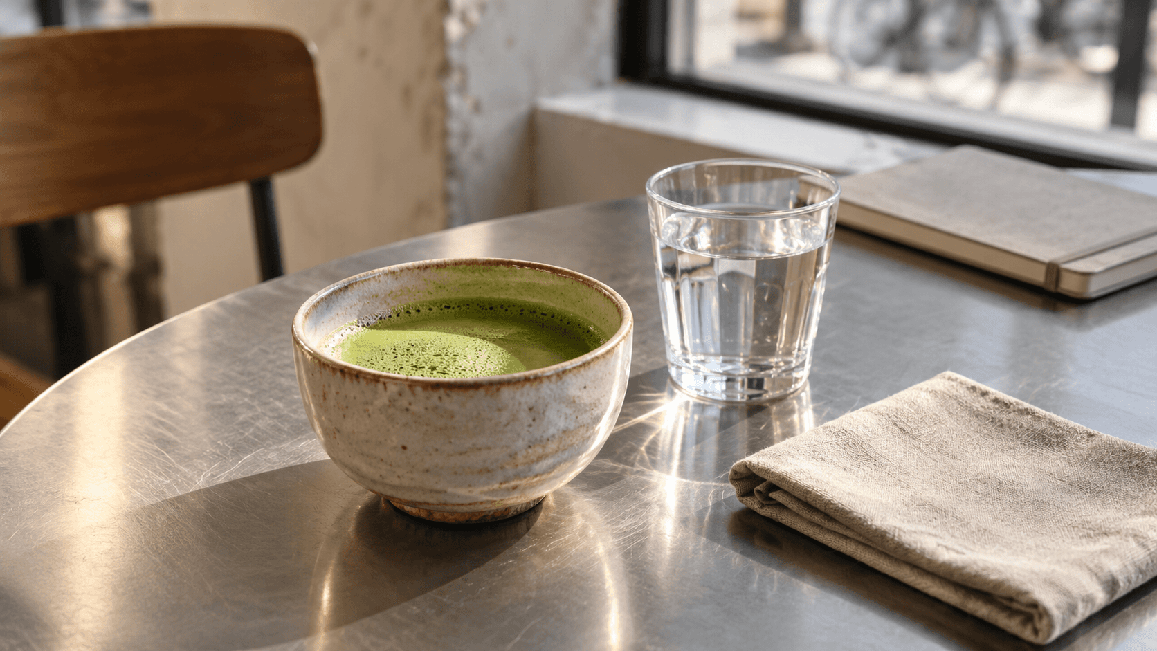 Een kop pure matcha en een glas water op een rustige tafel met een servet.