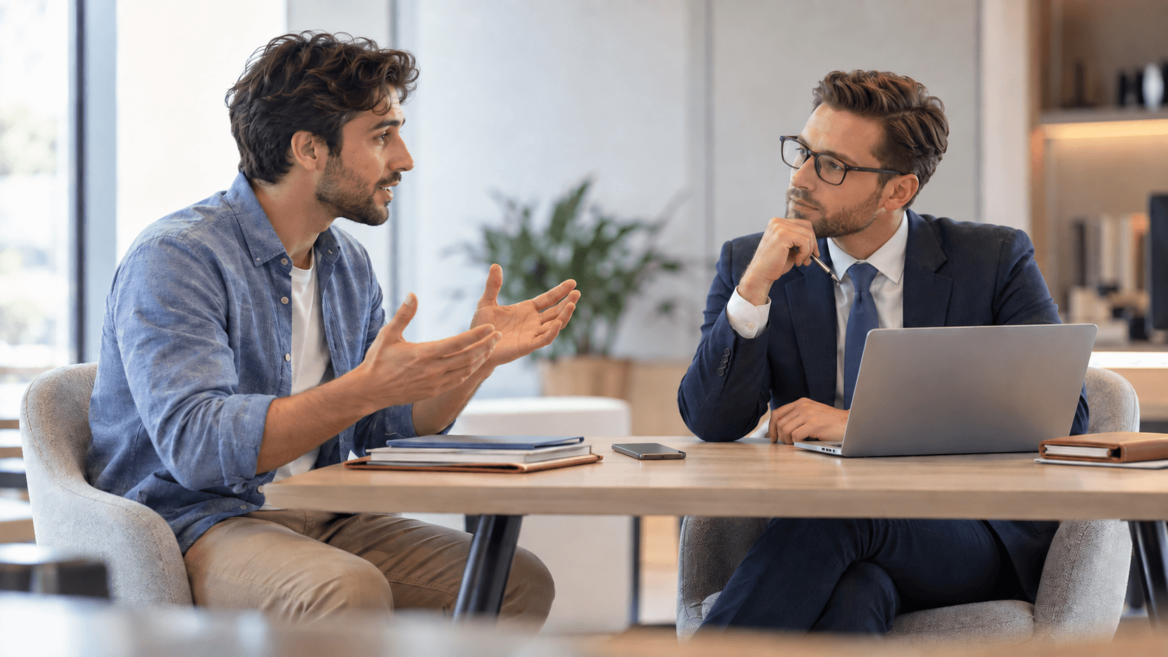A formal lawyer interviewing a witness during case preparation