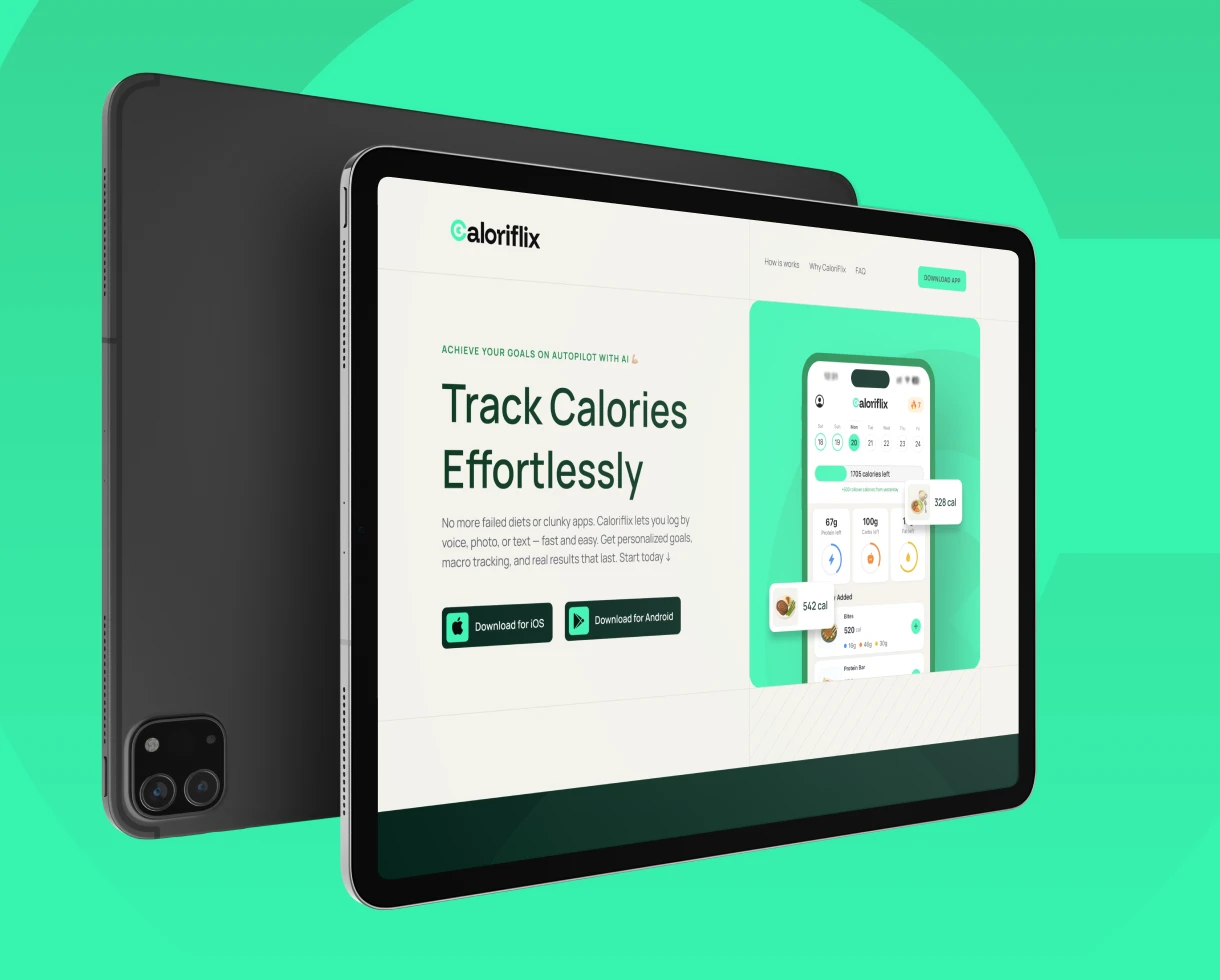 Mockup de landing page desenvolvido pela Milan Design Studio para Caloriflix, uma plataforma de contagem de calorias.