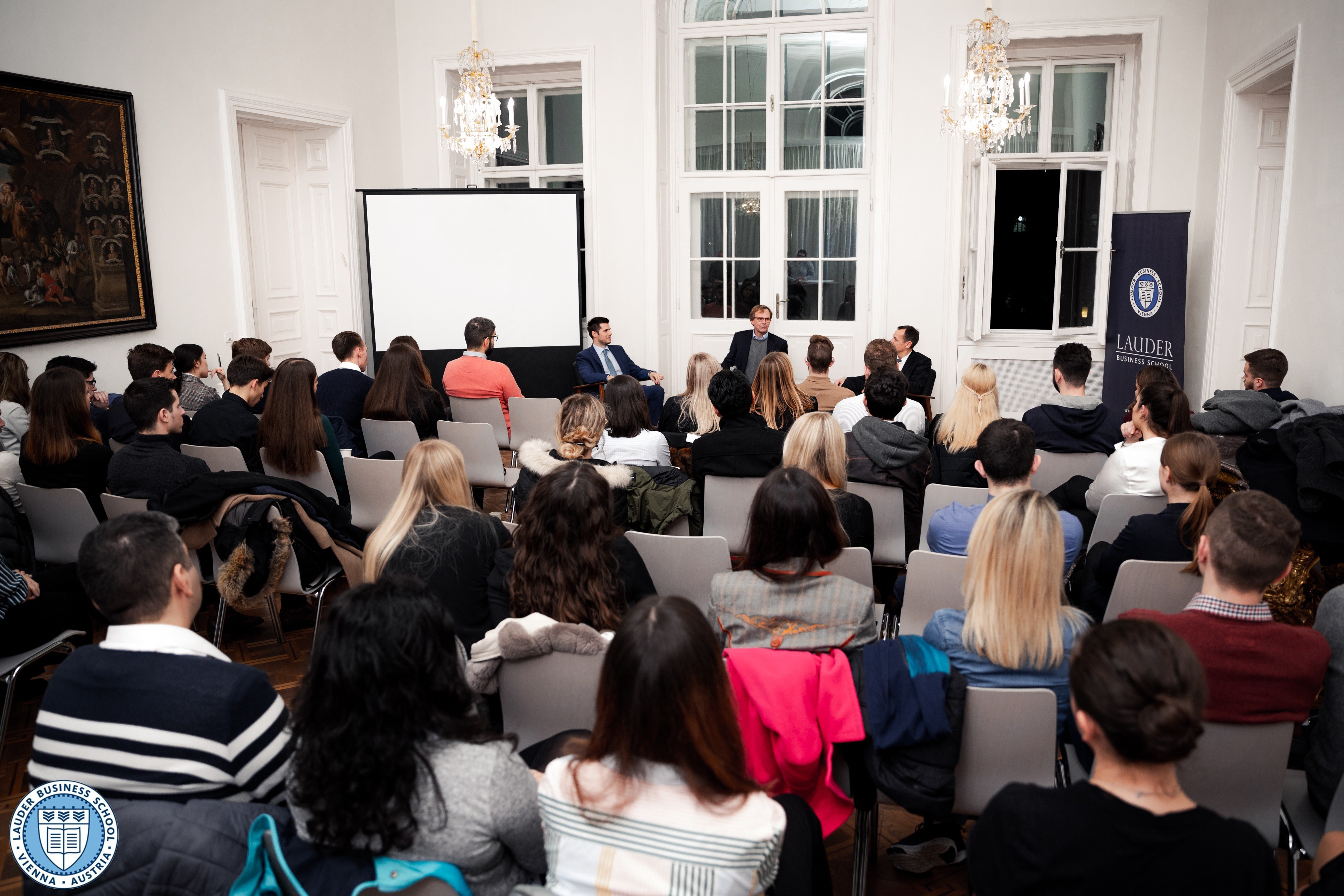 Dr. Andreas Bierwirth, CEO of Magenta Telekom together with Dr. Tamas Csermely, Director of Graduate Studies at LBS and Mr. Alexander Zirkler, Executive Director talking to LBS students