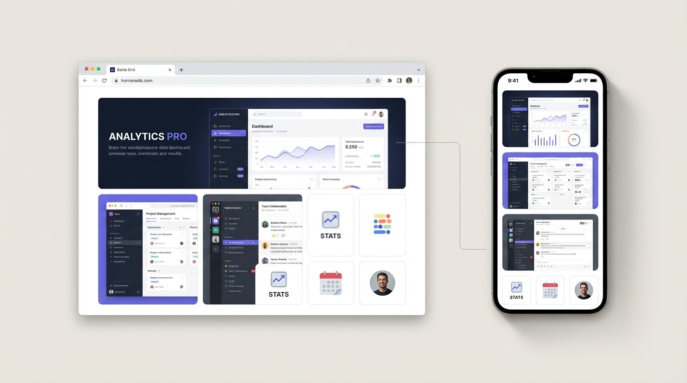 Responsives Bento Grid im Vergleich zwischen Desktop und Smartphone Ansicht