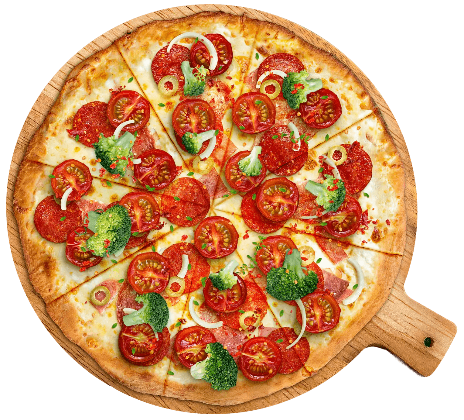 A freshly baked pizza topped with pepperoni slices and garnished with basil, served on a wooden pizza paddle.
