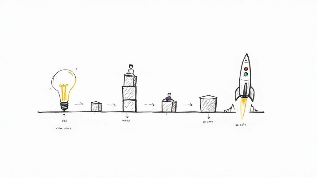 Hand-drawn illustration of a development journey from idea to a no-code rocket launch.