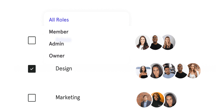 Team permissions view in Mixpanel showing a list of departments—Admin, Design, Marketing, Engineering, and Sales—with member avatars beside each group and checkboxes to select teams. A role filter dropdown at the top lets the user view All Roles, Member, Admin, or Owner to manage access levels across the workspace.