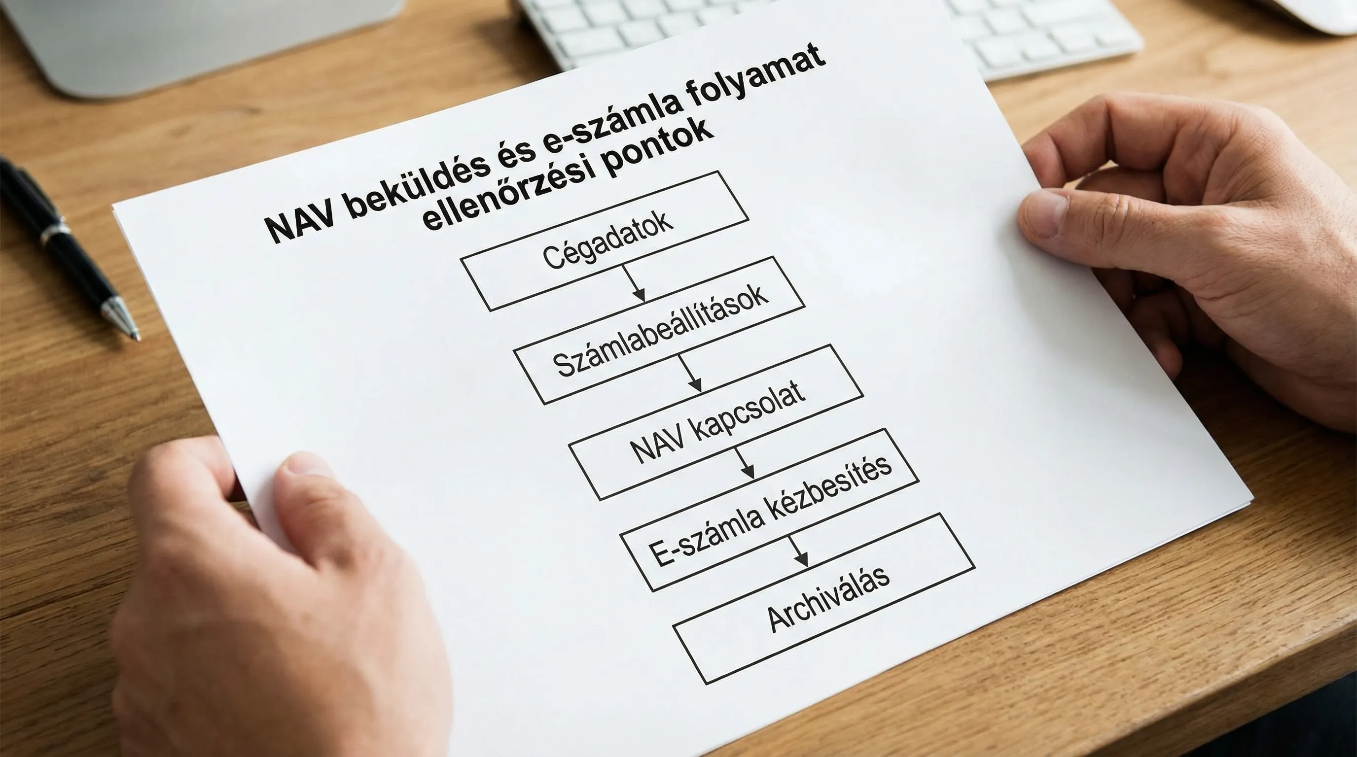 Egyszerű folyamatábra a NAV beküldés és e-számla folyamat ellenőrzési pontjairól, öt dobozzal: cégadatok, számlabeállítások, NAV kapcsolat, e-számla kézbesítés, archiválás.