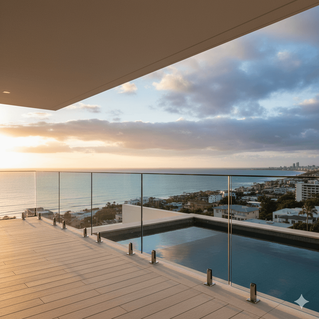 A serene outdoor lounge area with two chairs surrounded by lush greenery and natural light streaming in.