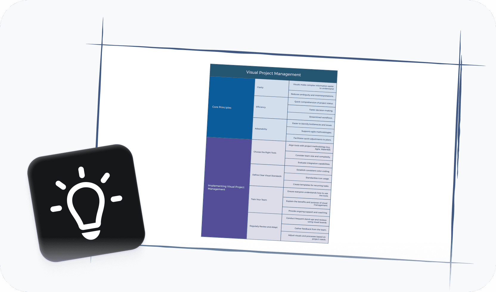 Managing a structured project in a tree table maker with a multi-level task list and a lightbulb icon
