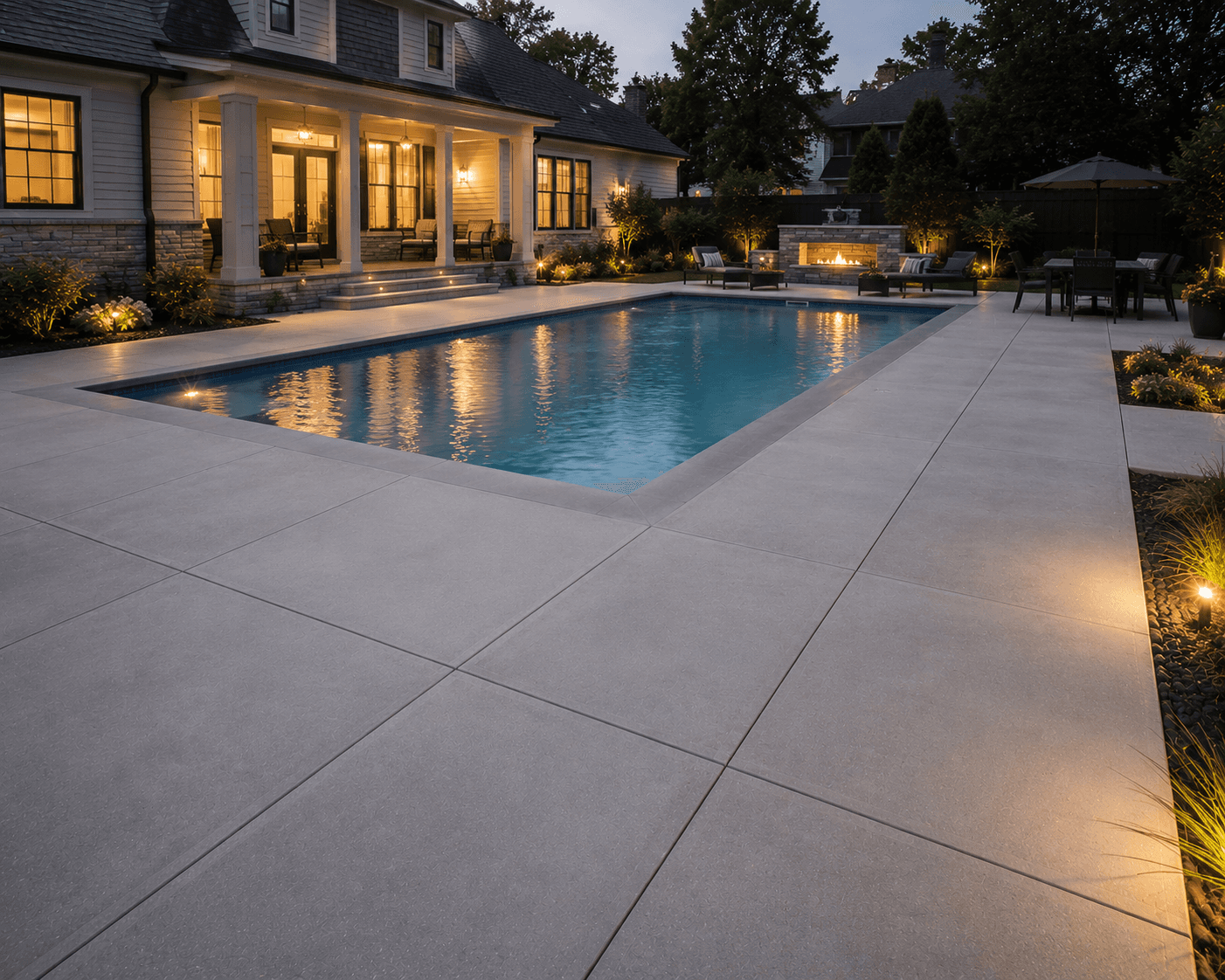 Concrete pool deck around a backyard pool in Durham, NC, installed by Concrete Hippo.