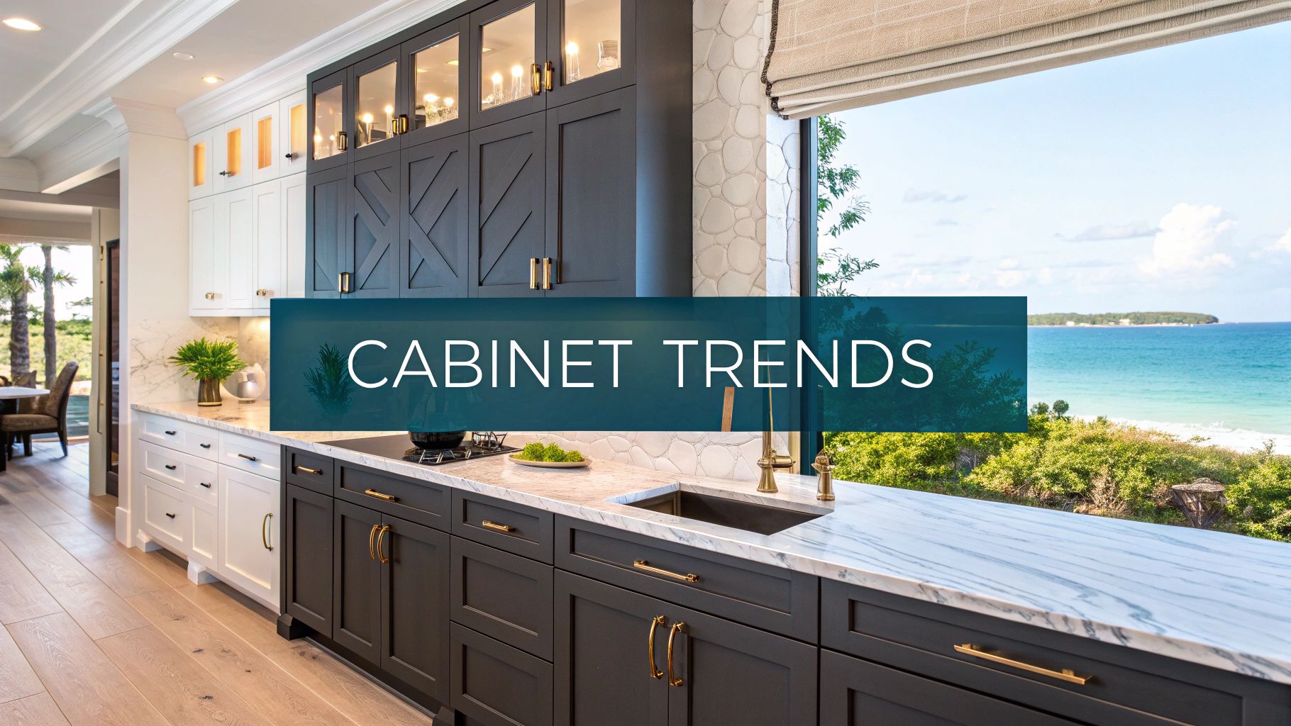 a luxury kitchen with a large window and a blue text box reaidng 'cabinet trends' in the foreground