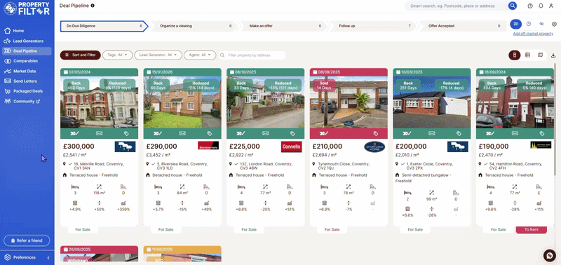 Property Filter pipeline deal tracker showing properties at multiple stages