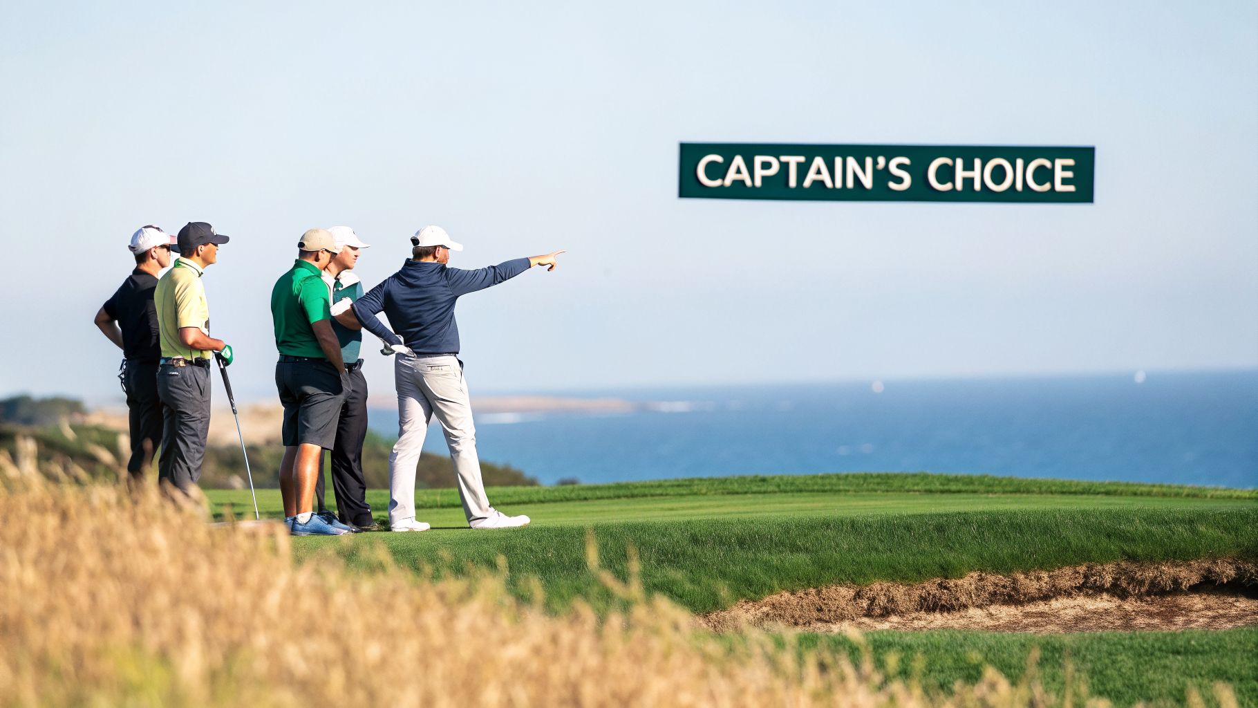 Golfers on a sunny coastal course, one pointing, with a 'CAPTAIN'S CHOICE' sign overlooking the ocean.