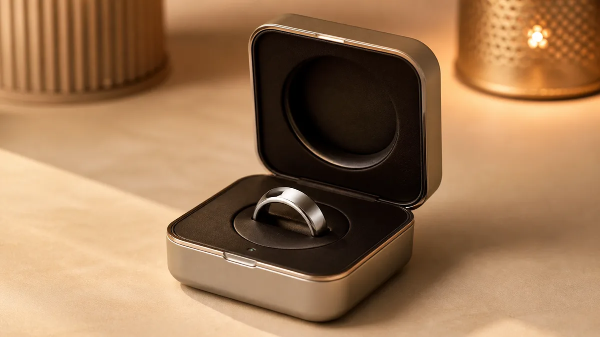 Silver smart tasbih ring nestled in an open charging case under warm product light