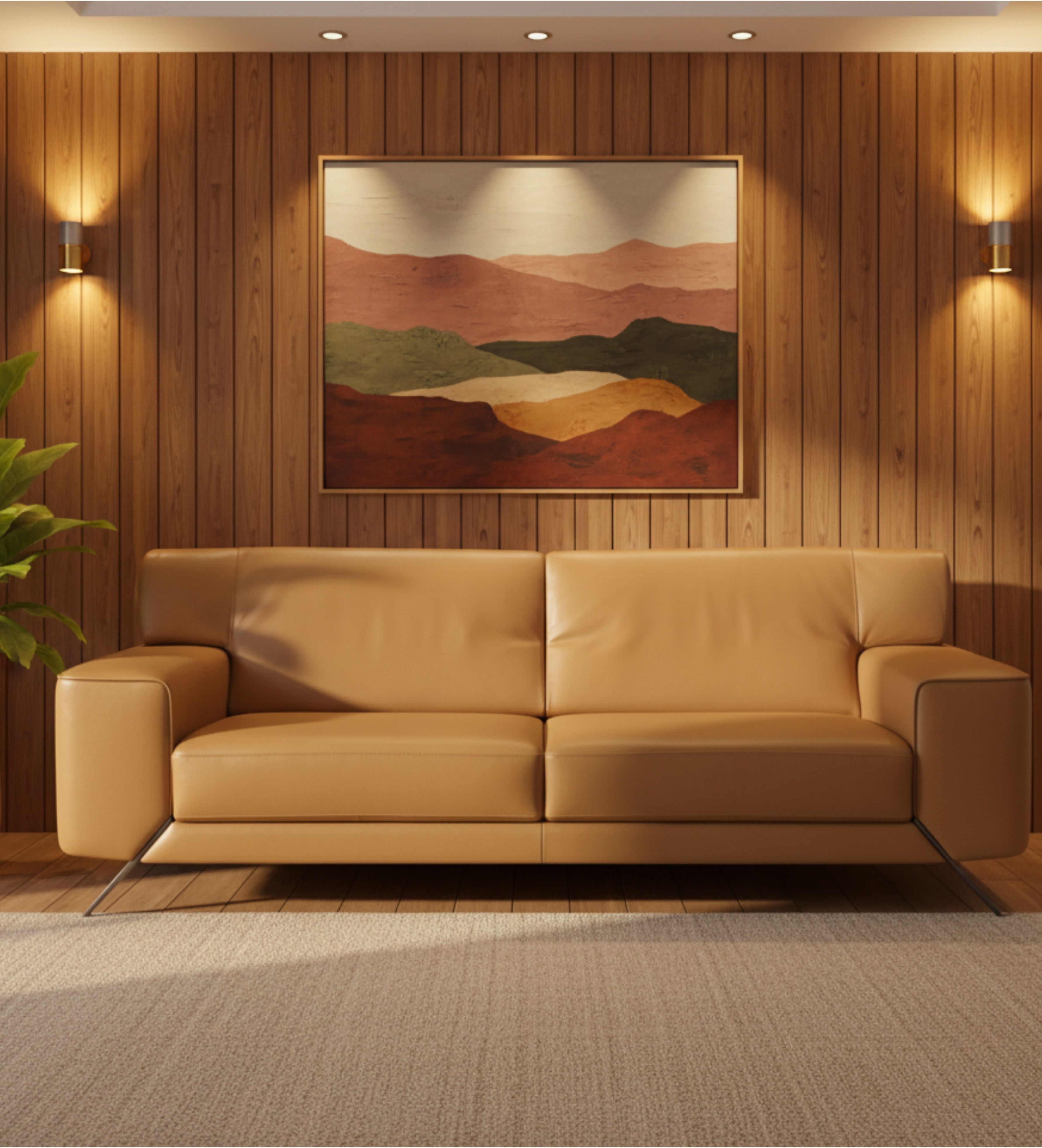 Smooth tan upholstered seating with block arms and angled metal supports