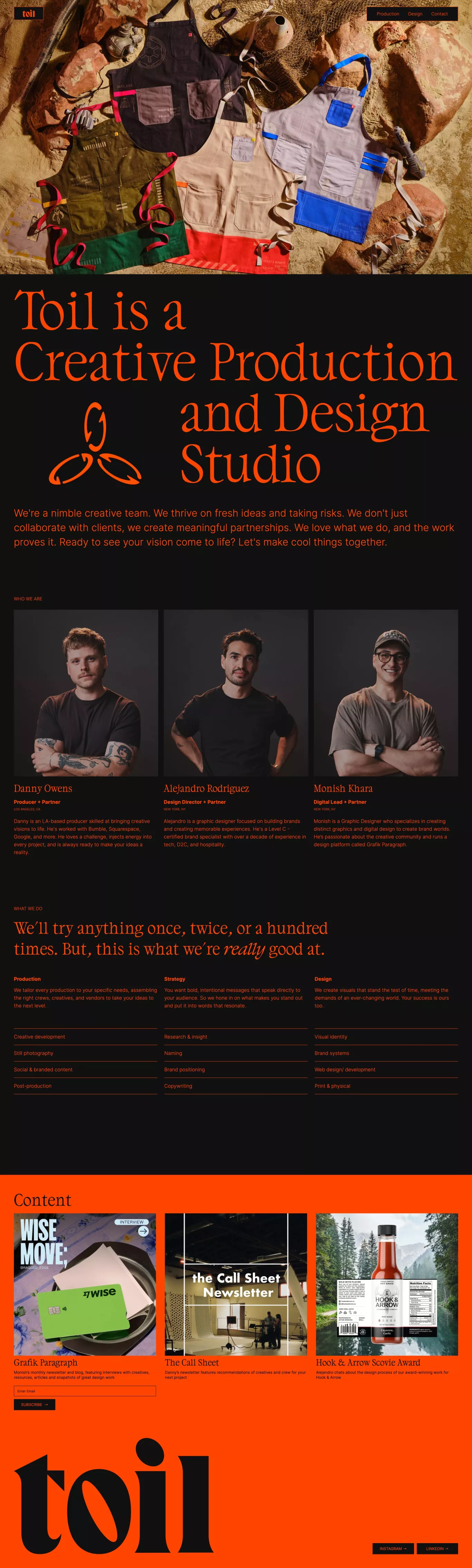 Toil portfolio page screenshot showcasing Photography and Design design