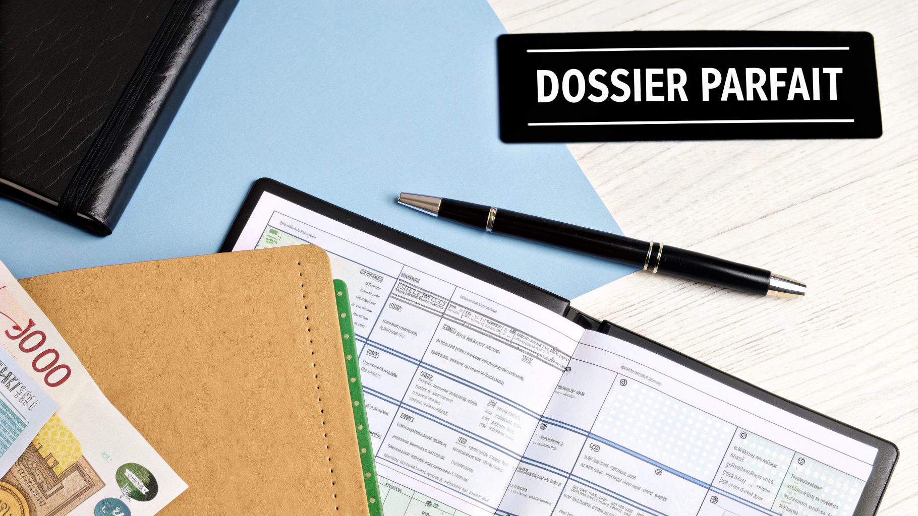 Vue de dessus d'un bureau avec carnet, stylo, documents, argent, et une plaque «DOSSIER PARFAIT».