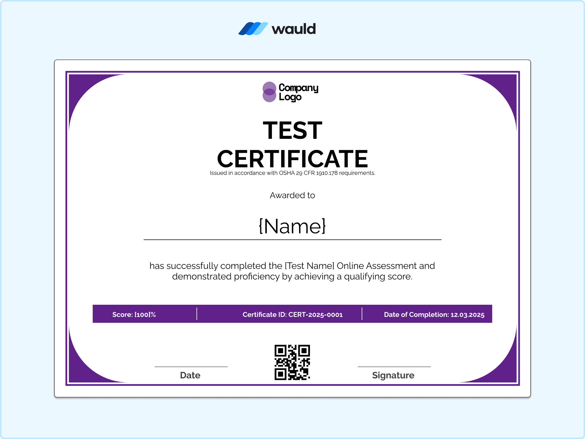 Minimal white test certificate template with slim purple border