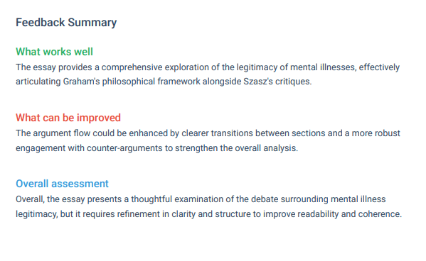thesify feedback report PDF page summarising what works well, what can be improved and the overall assessment of an essay on mental illness.