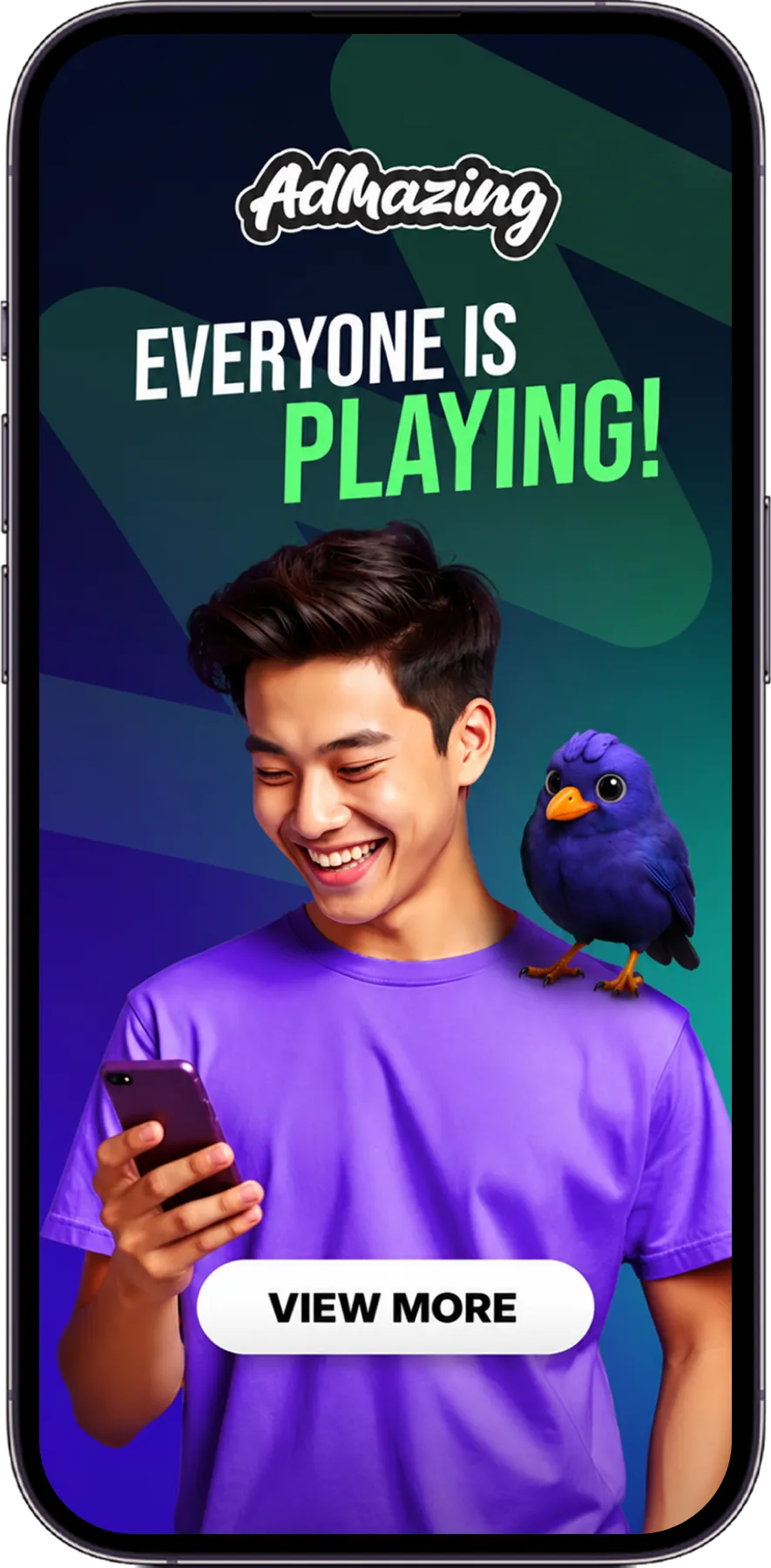 Custom 3D playable ad end card featuring a man, a purple bird and a View More button.