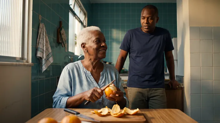 filho e mãe conversam na cozinha enquanto ela descasca uma laranja