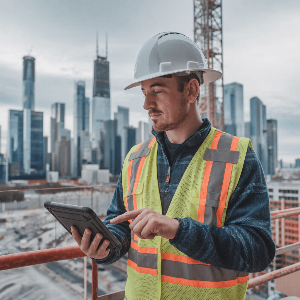 Construction worker looking to a device.