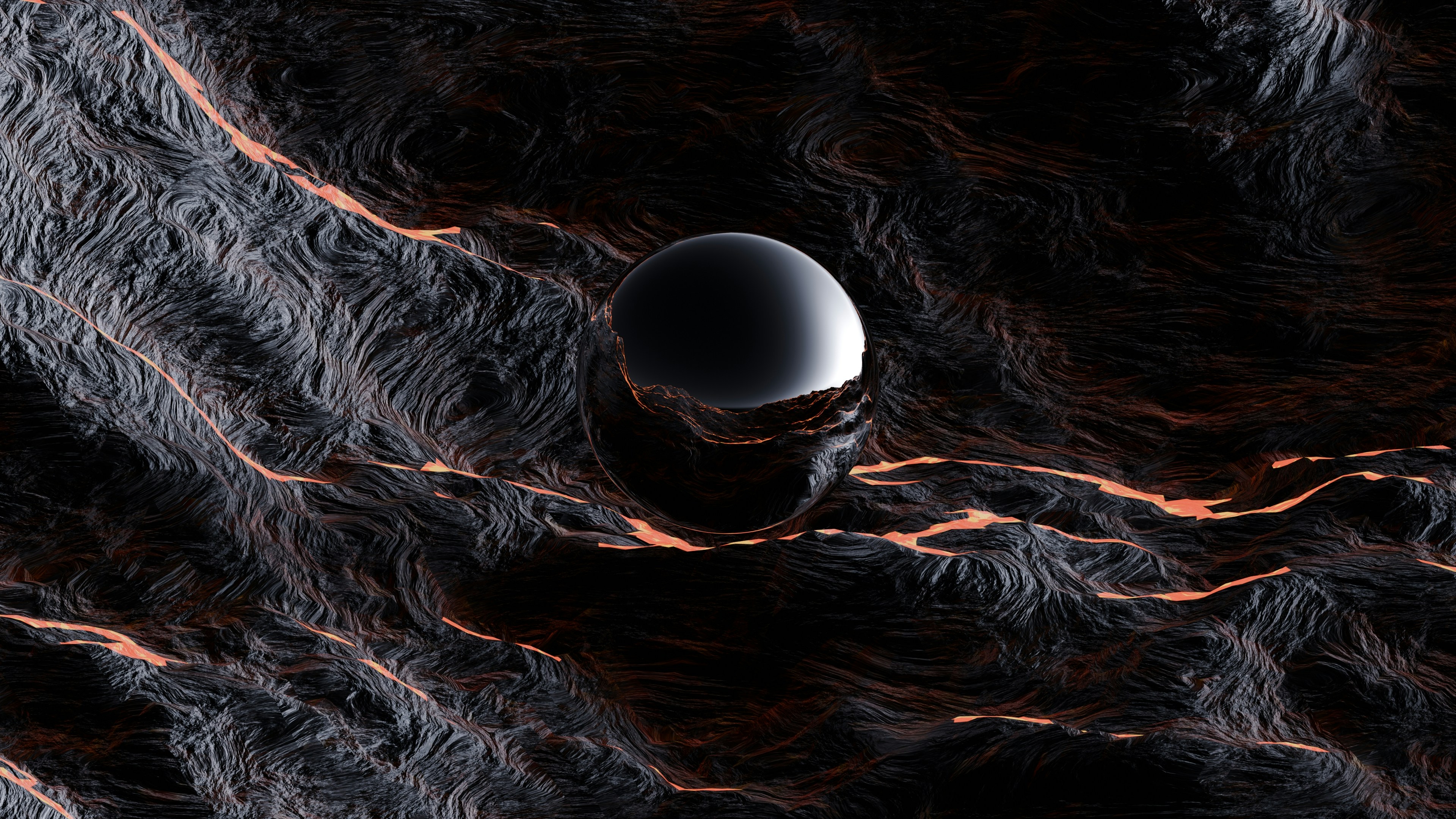 A dark, textured landscape with a reflective orb.